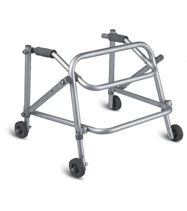 Lightweight aluminum walker with reverse adjustable frame and ergonomic hand grips on a white background