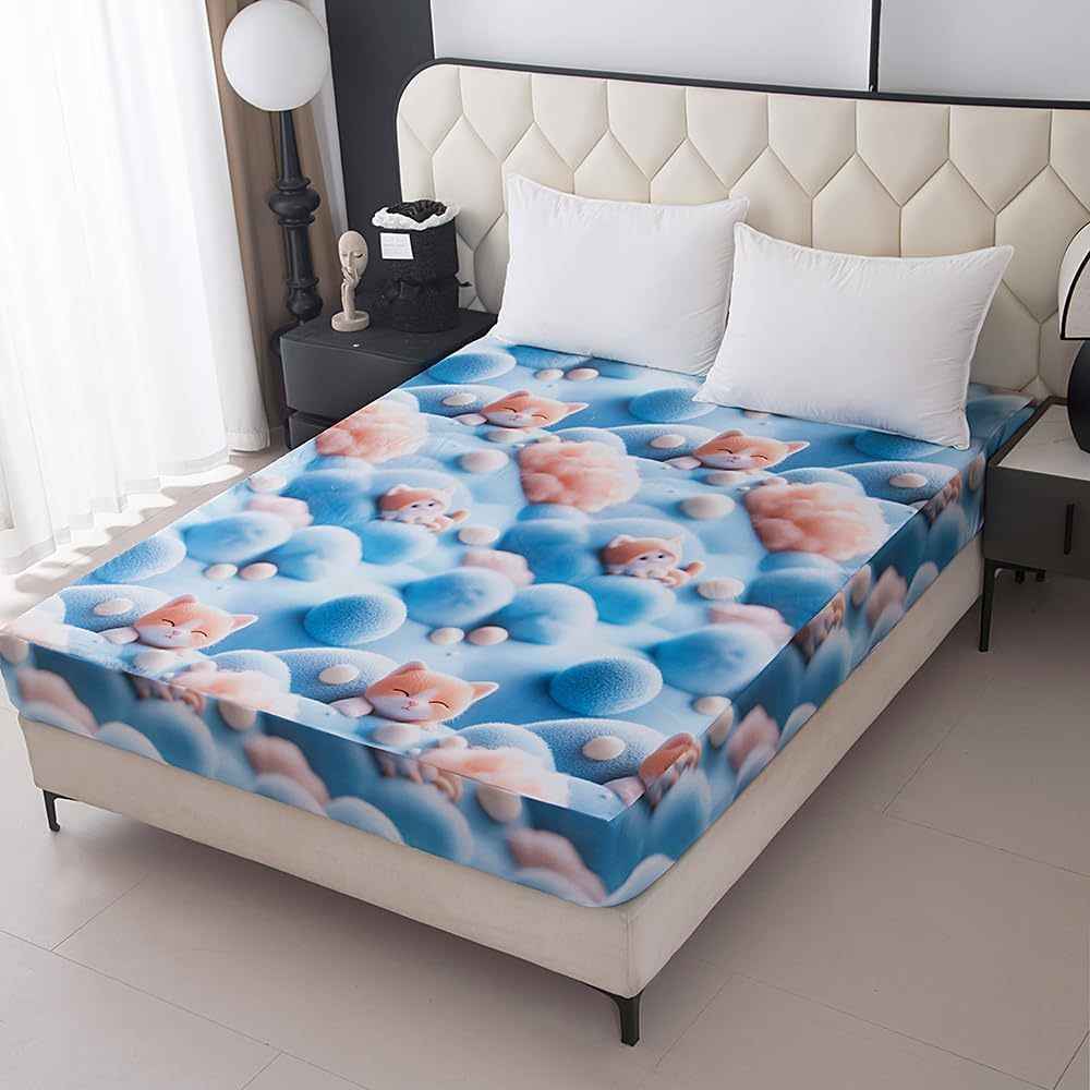 3D Blue Cat Print Queen Fitted Bedsheet