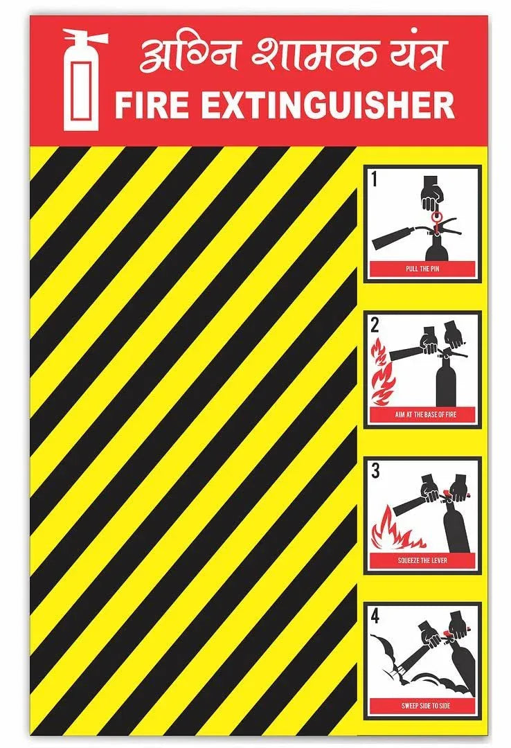 Fire extinguisher use guide sticker with bilingual Hindi-English instructions for emergency fire safety.
