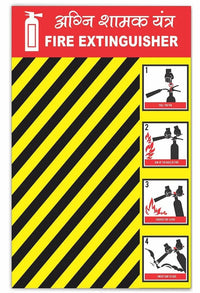 Fire extinguisher use guide sticker with bilingual Hindi-English instructions for emergency fire safety.