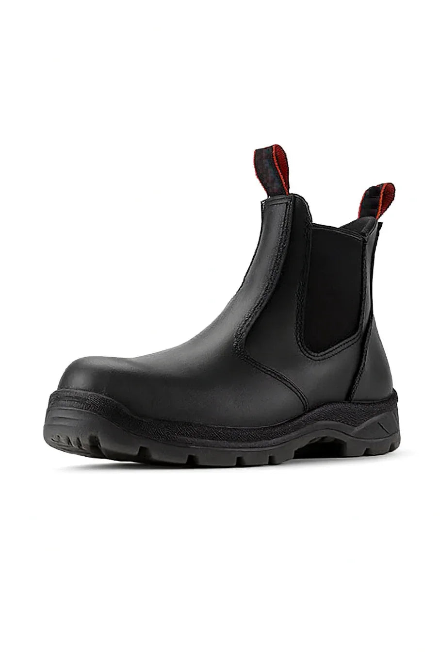 Black leather Chelsea safety work boots with anti-slip sole, designed for fire protection and industrial safety.
