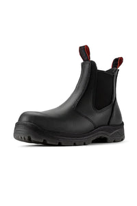 Black leather Chelsea safety work boots with anti-slip sole, designed for fire protection and industrial safety.