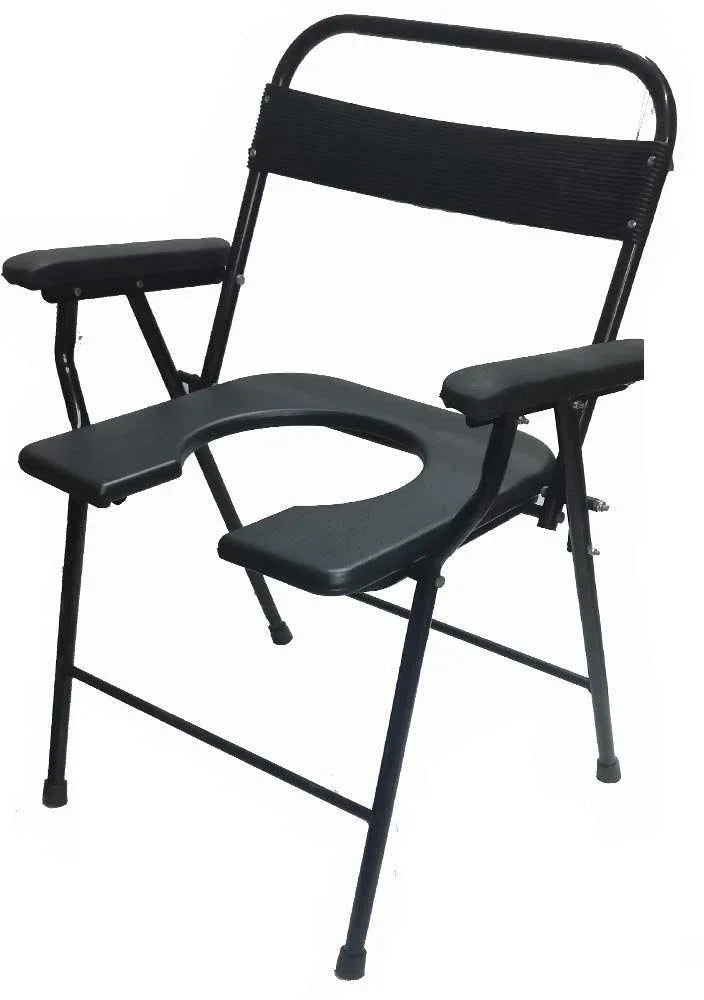 Foldable bedside commode chair with armrest, sturdy frame and removable bucket for easy cleaning, designed for home or