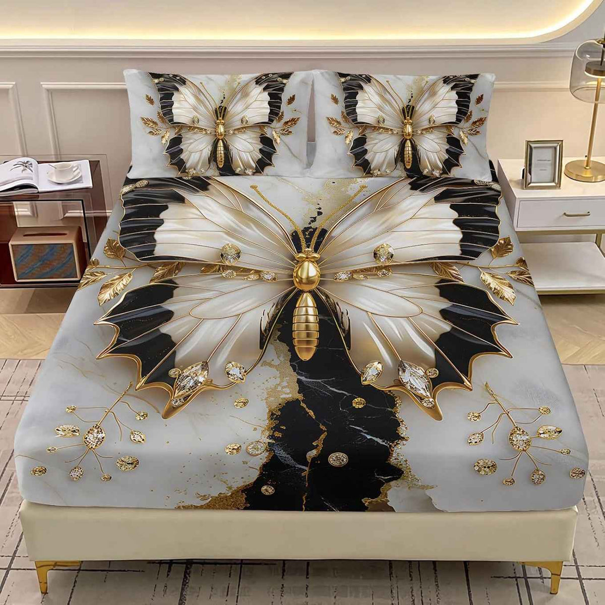 3D Butterfly Marble Queen Fitted Sheet Set