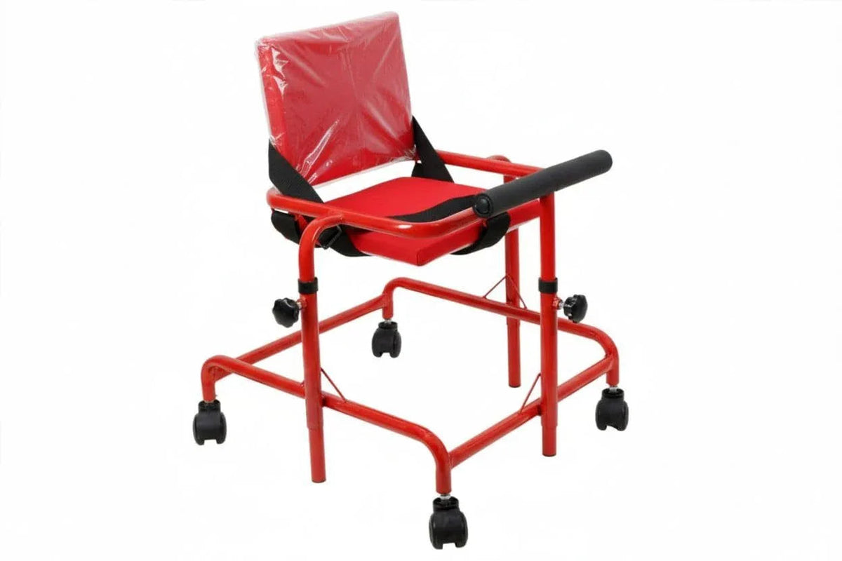 Red cerebral palsy walker with casters, ergonomic hand grips, lightweight sturdy frame for support and stability