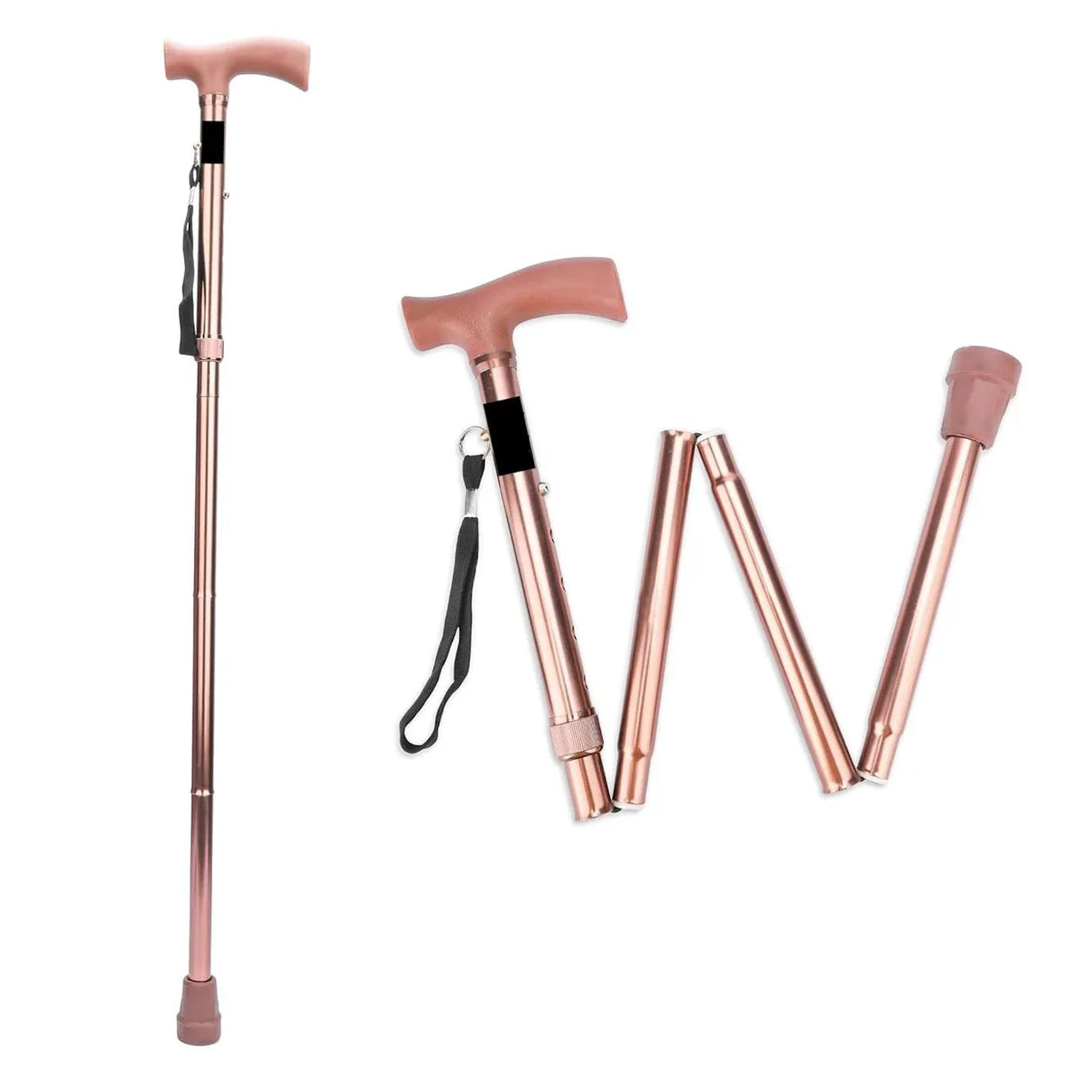 Foldable adjustable walking stick with copper finish featuring ergonomic handle and anti-skid rubber tip for stability.