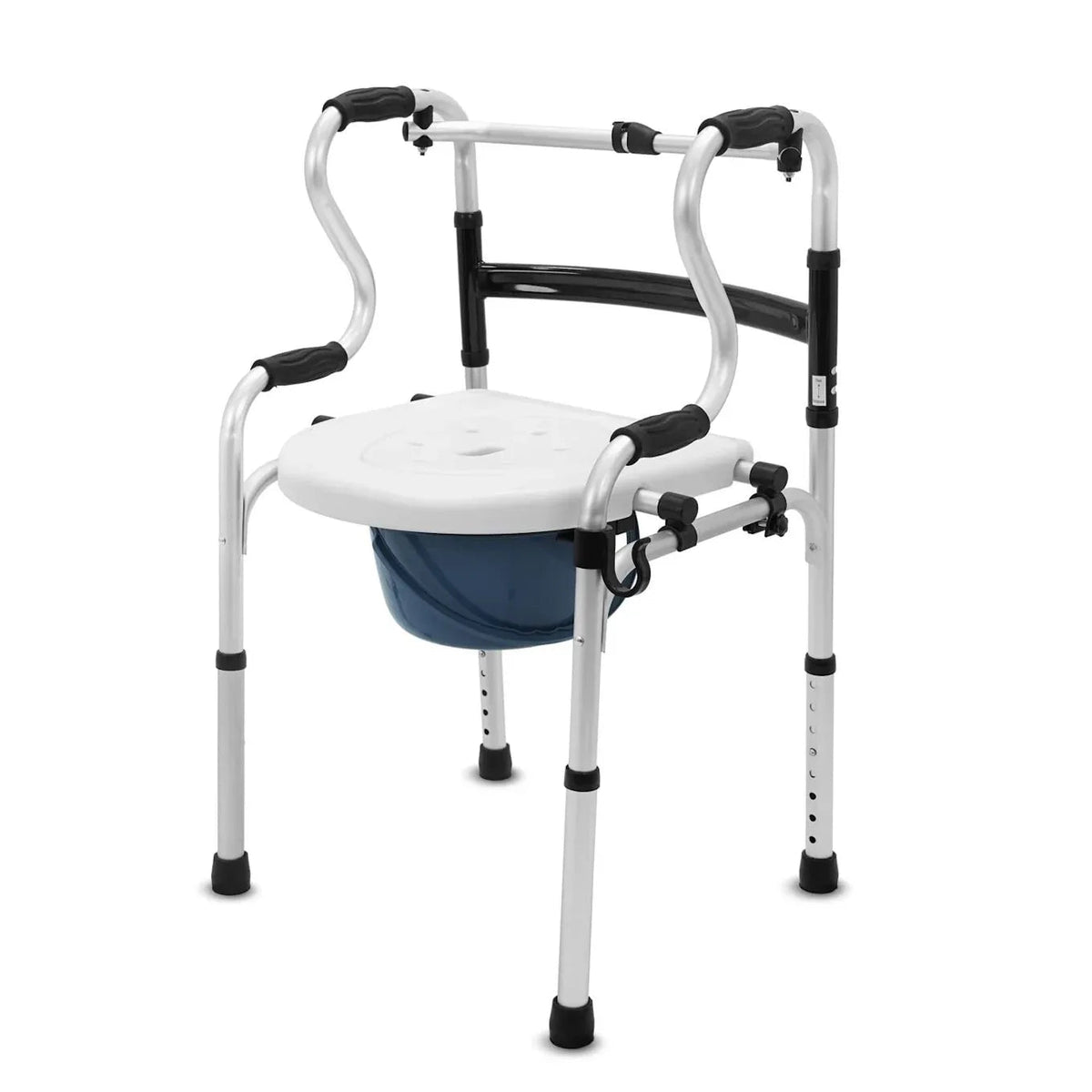 Lightweight walker with adjustable frame and ergonomic handles, featuring a detachable commode for convenient use.