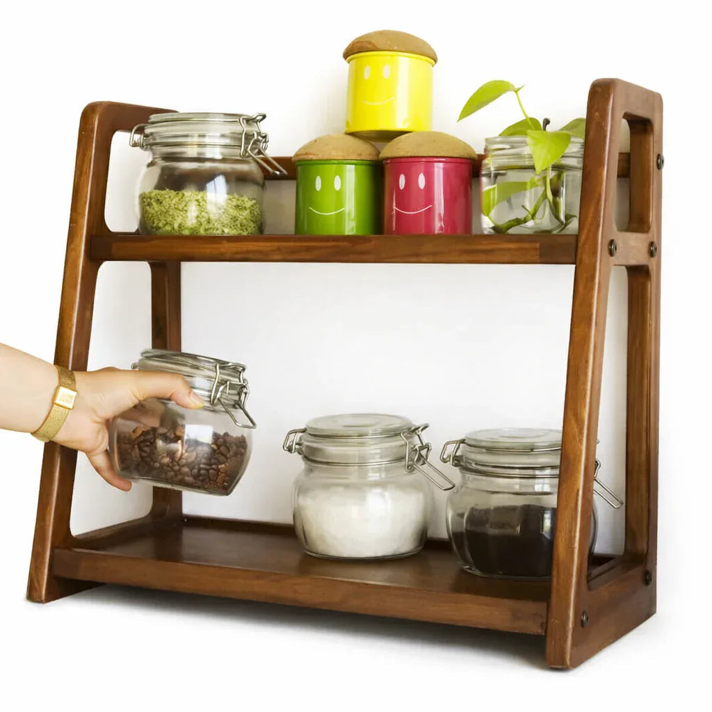 2-tier rustic brown wooden kitchen rack wall-mounted with decorative items in a modern kitchen setting