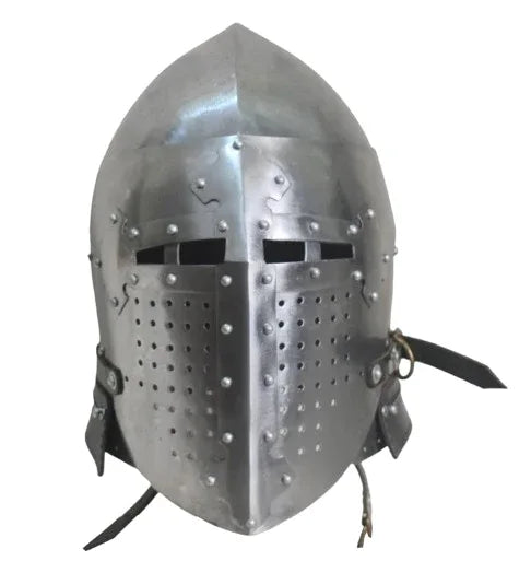 Armor helmet inspired by Alexander, detailed metal design suitable for historical battle reenactments.