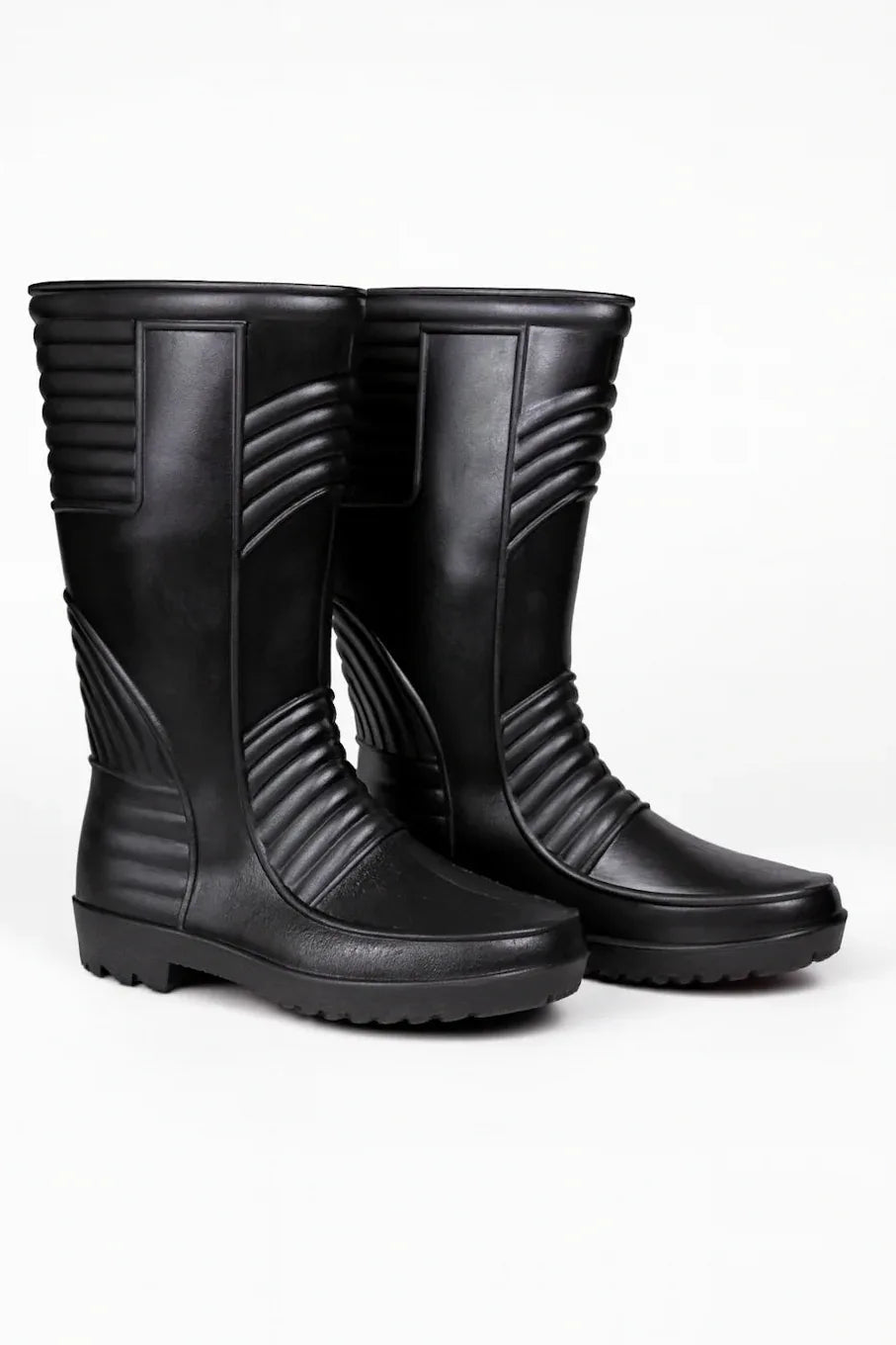Black ribbed fire protection safety boots with durable anti-slip sole for industrial and firefighting use