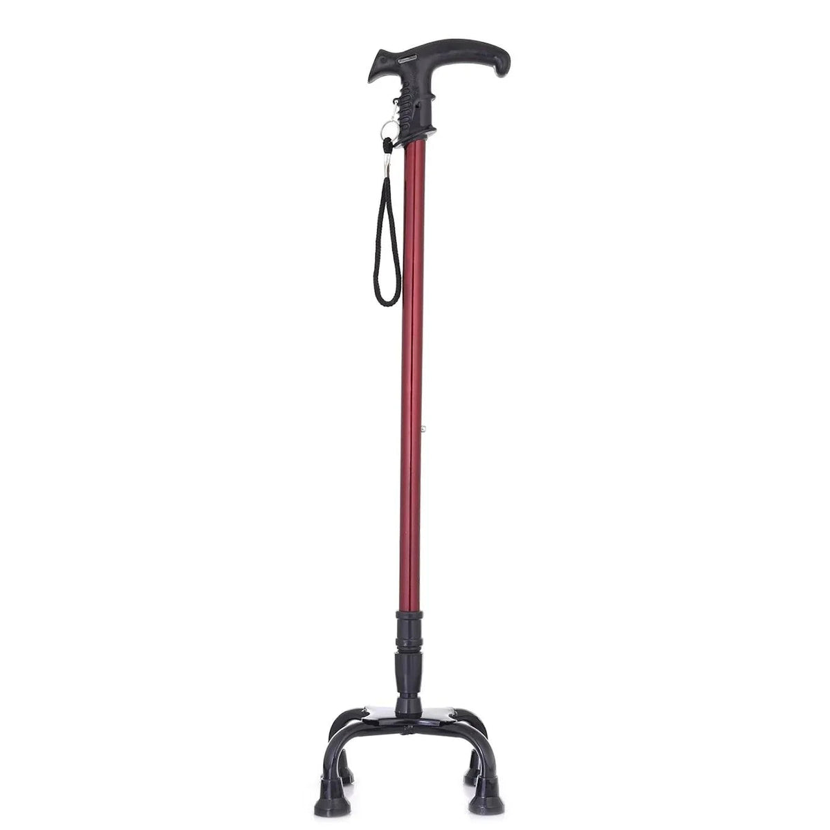 Red four-legged adjustable walking stick with ergonomic handle and anti-skid rubber tips designed for stable support.