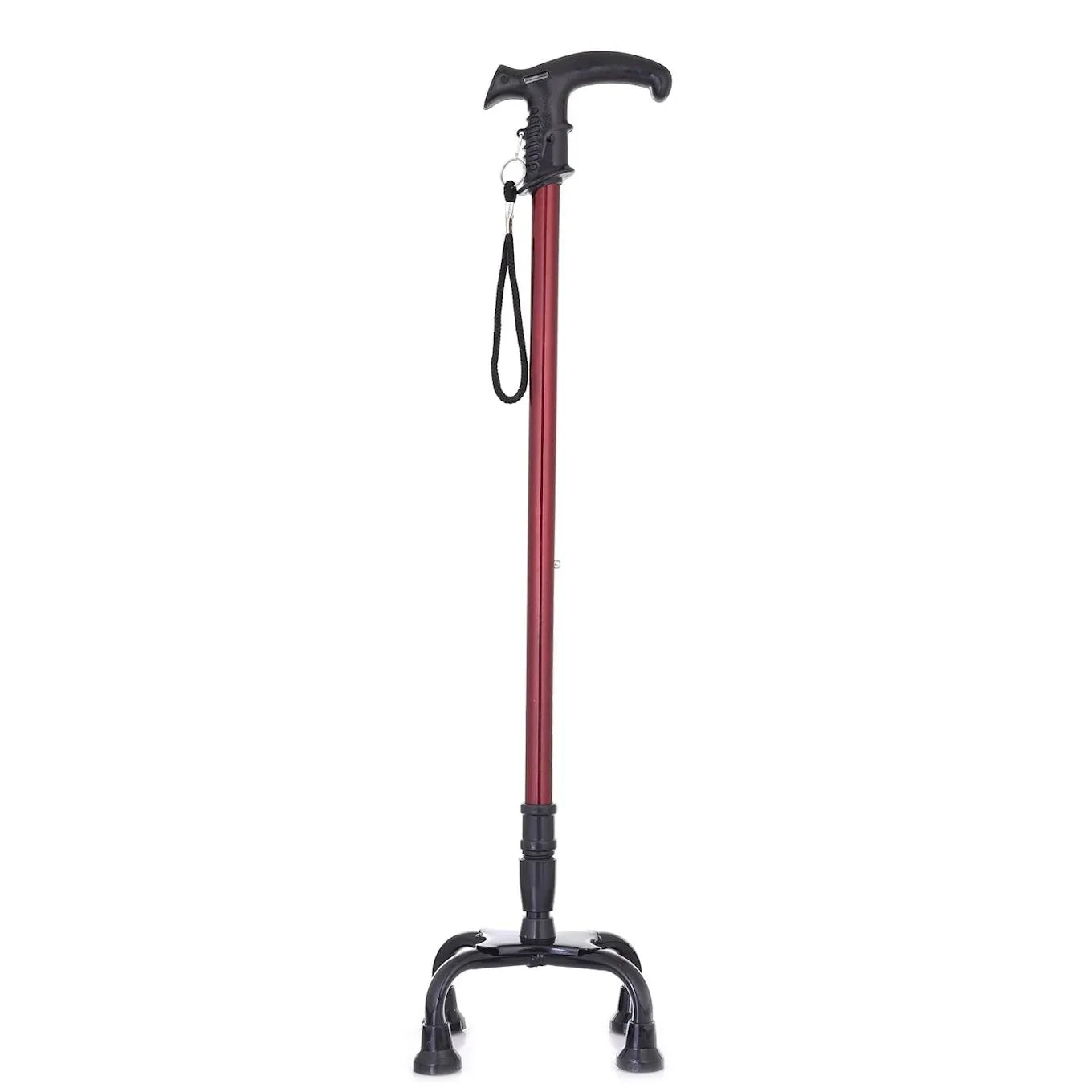 Red four-legged adjustable walking stick with ergonomic handle and anti-skid rubber tips designed for stable support.