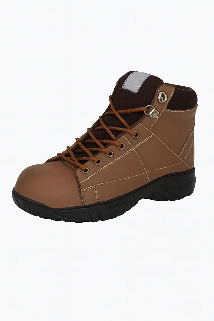 Tan mid-ankle safety work boots with durable fire protection and anti-slip soles, suitable for industrial and emergency use