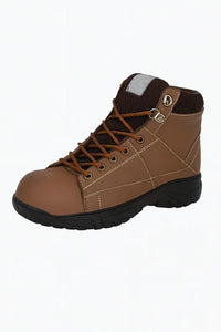 Tan mid-ankle safety work boots with durable fire protection and anti-slip soles, suitable for industrial and emergency use