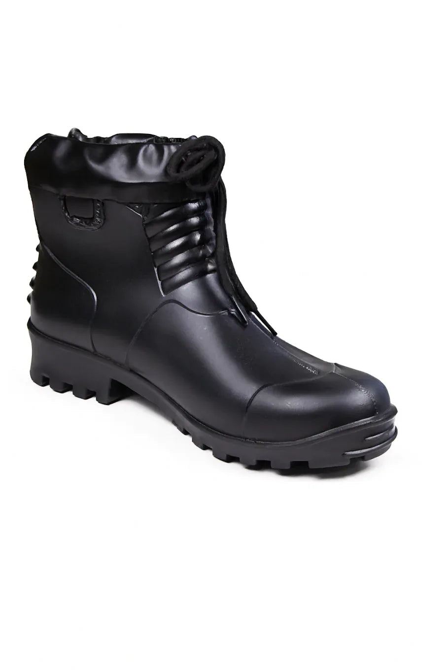 Black ankle safety boots with front laces designed for fire protection and industrial work, shown on a plain background.