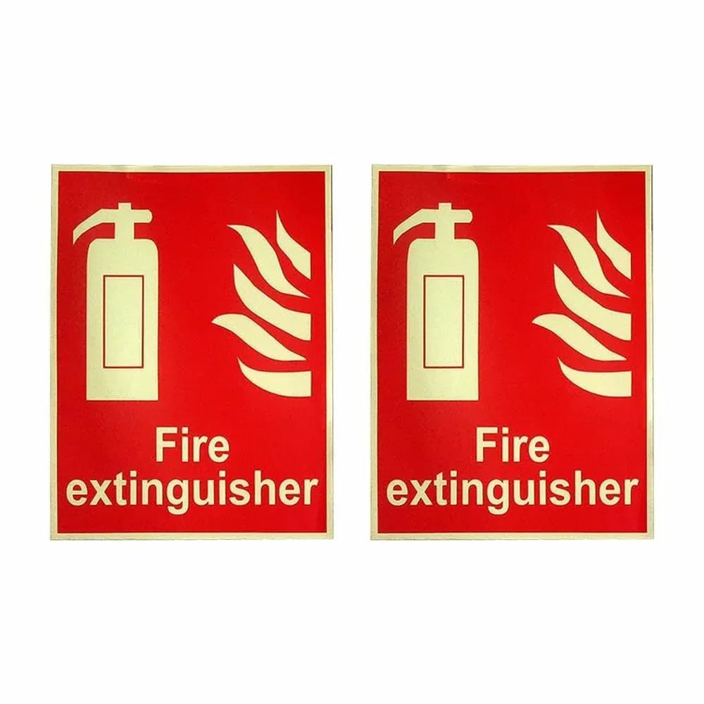 Two red fire extinguisher vinyl sticker signs on white background, for emergency fire safety labeling.