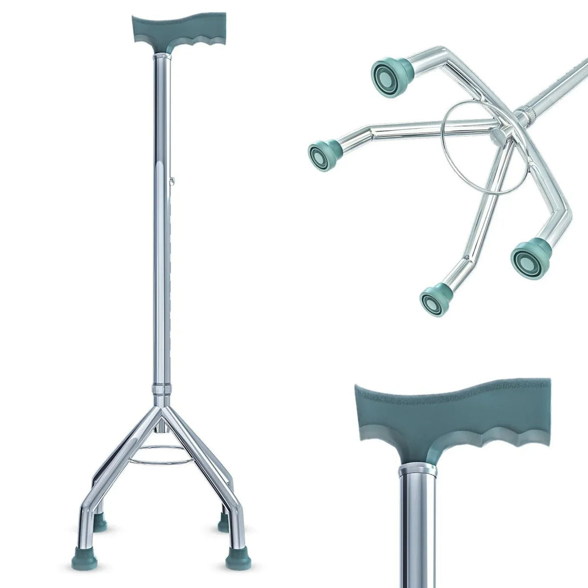 Four leg adjustable walking stick with ergonomic handle and anti-skid rubber tips for senior support