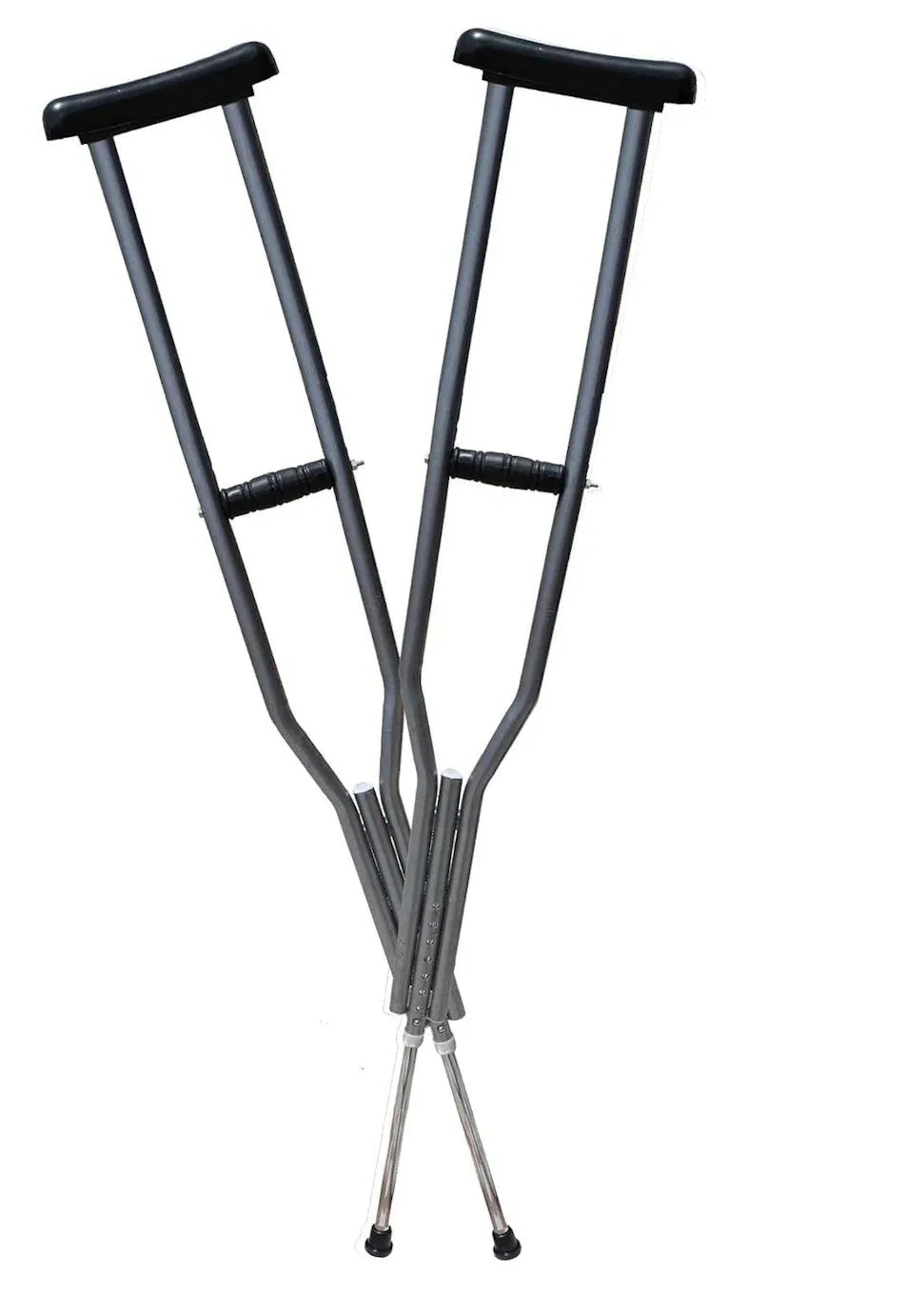 Pair of adjustable under arm auxiliary crutches with ergonomic handles and rubber tips on white background.