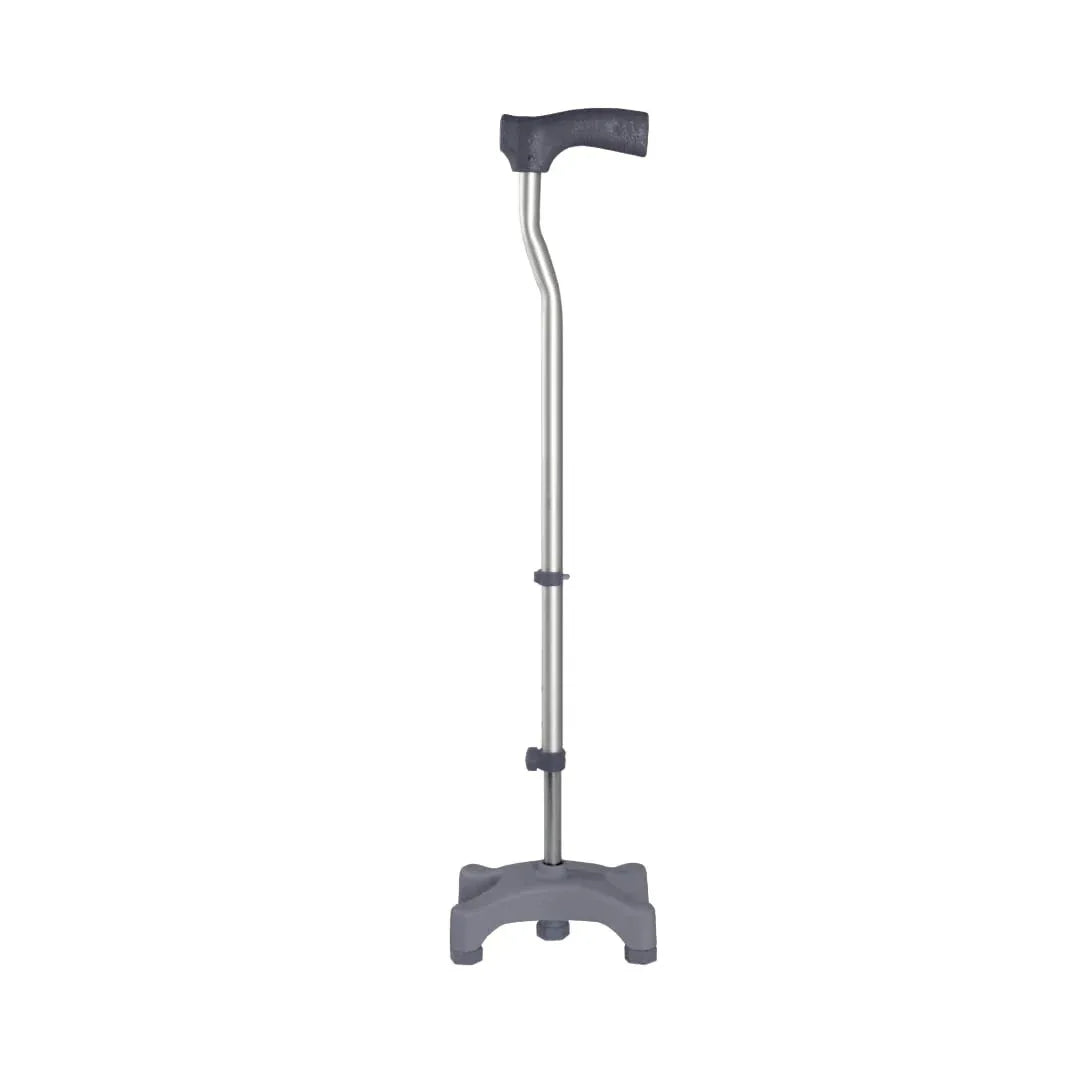 L Shape Quadripod Adjustable Walking Stick with ergonomic handle and anti-skid rubber tip, shown standing upright.
