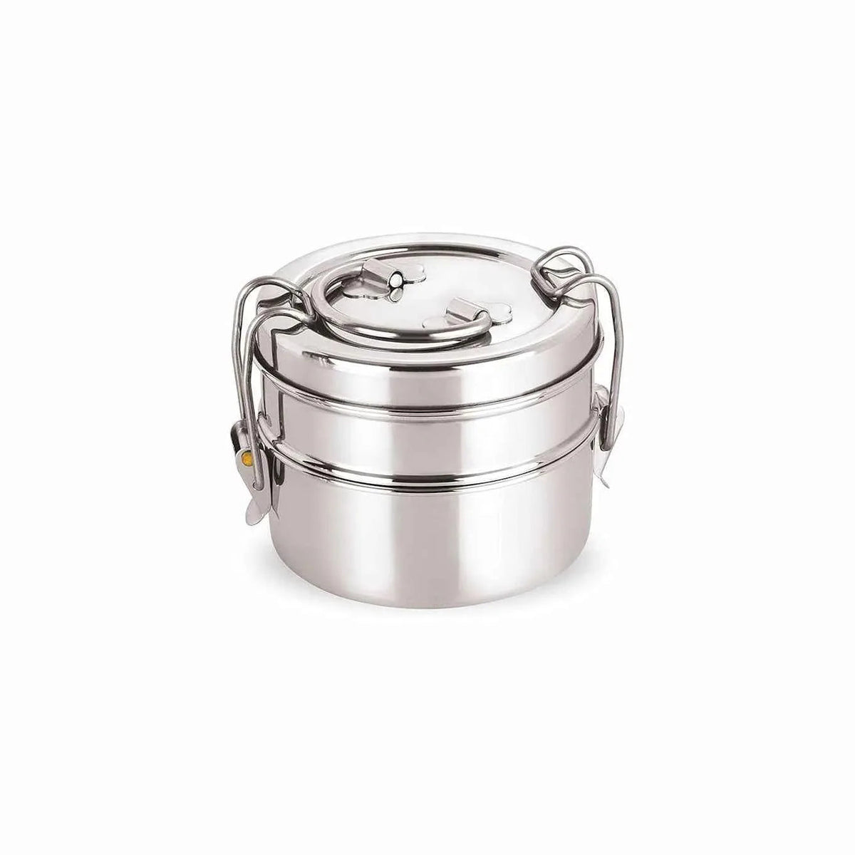 A compact two-tier stainless steel lunch box with secure lock clips, shown closed and ready for packing meals.