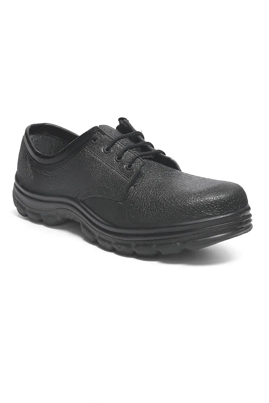 Black textured low-cut safety boot with sturdy sole, designed for fire protection and industrial use.