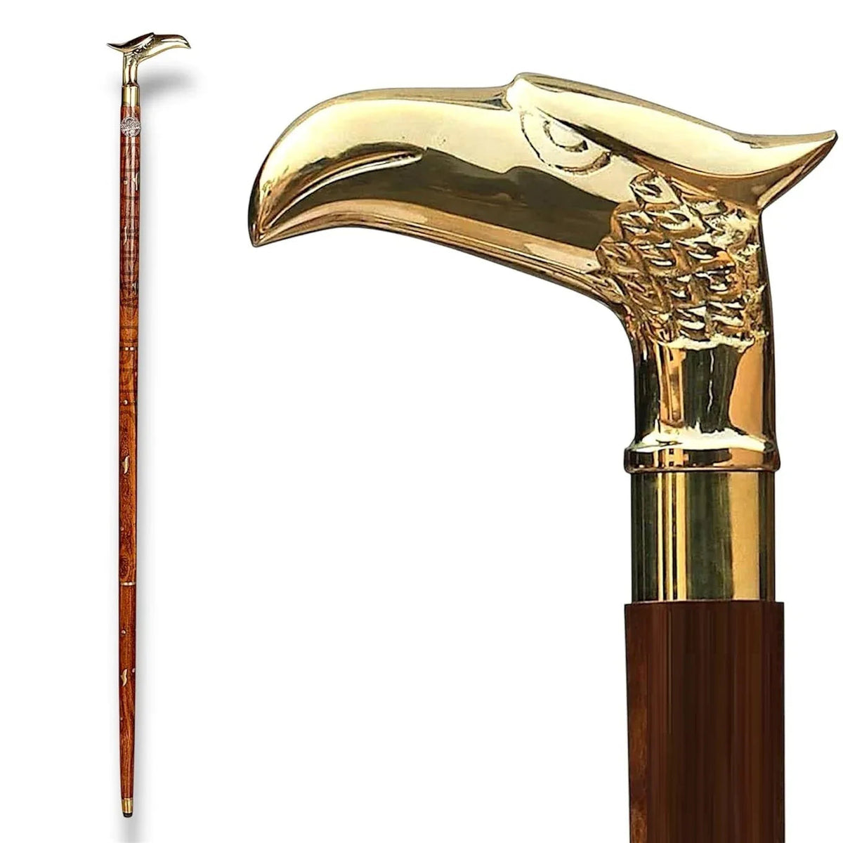 Brown premium antique wooden walking stick with ergonomic handle and anti-skid rubber tip on white background