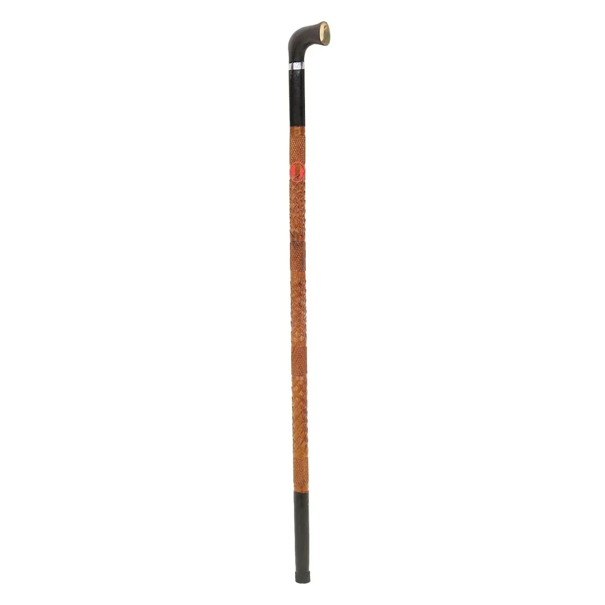 Wooden walking stick with black ergonomic handle and lightweight design shown upright on white background