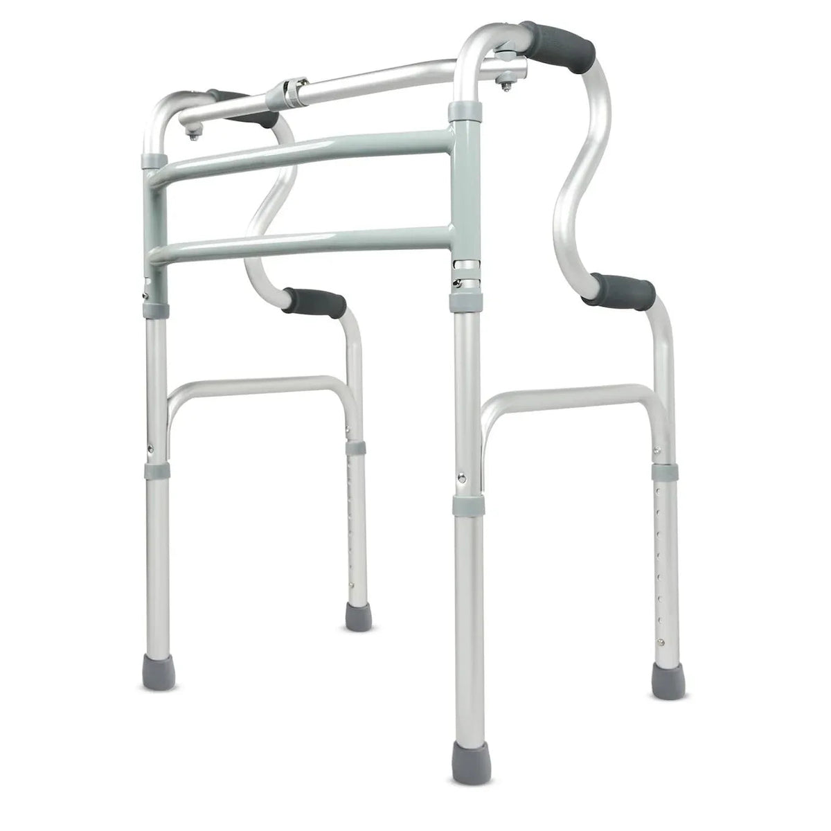 Foldable step walker with adjustable height and ergonomic grips for senior mobility and safety