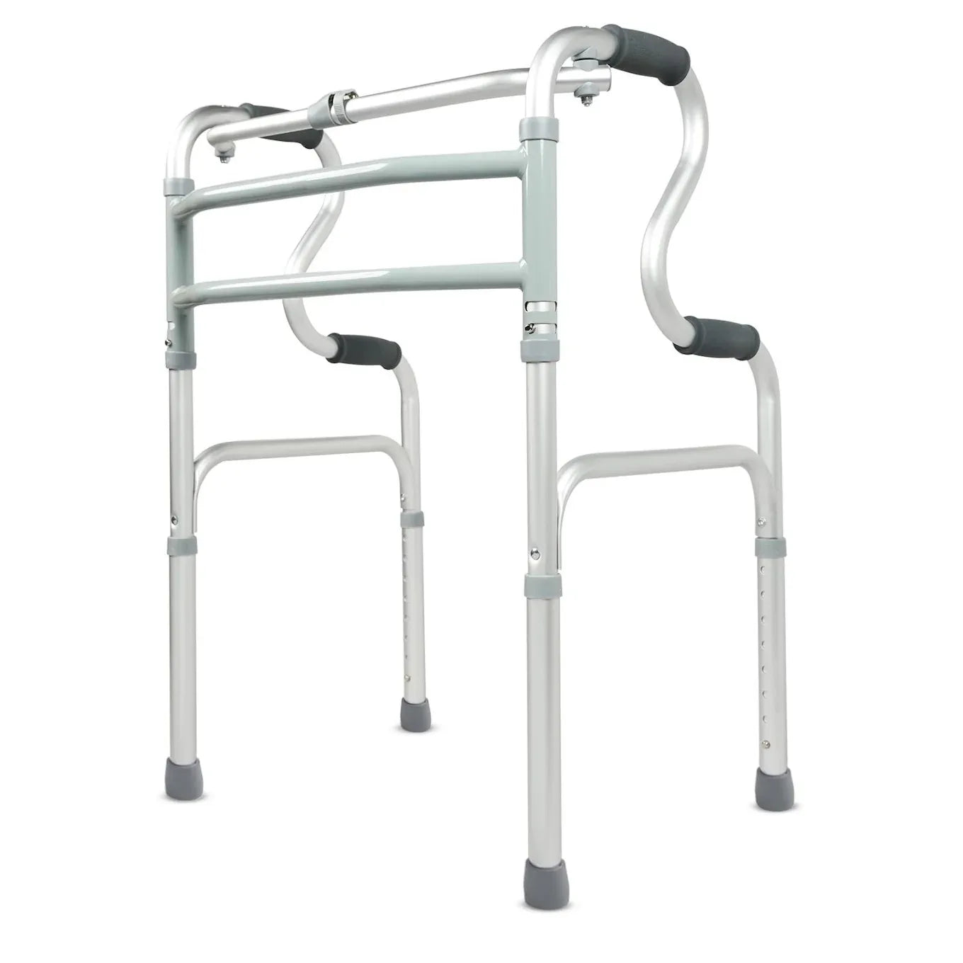 Foldable step walker with adjustable height and ergonomic grips for senior mobility and safety