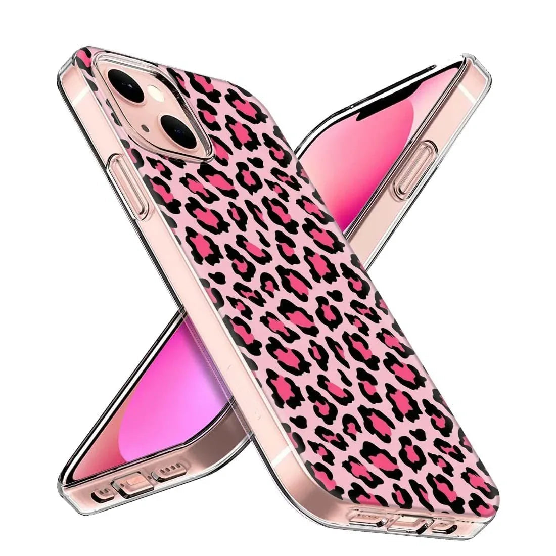 Printed silicone back case for iPhone 13 with colorful floral design, shown from the back