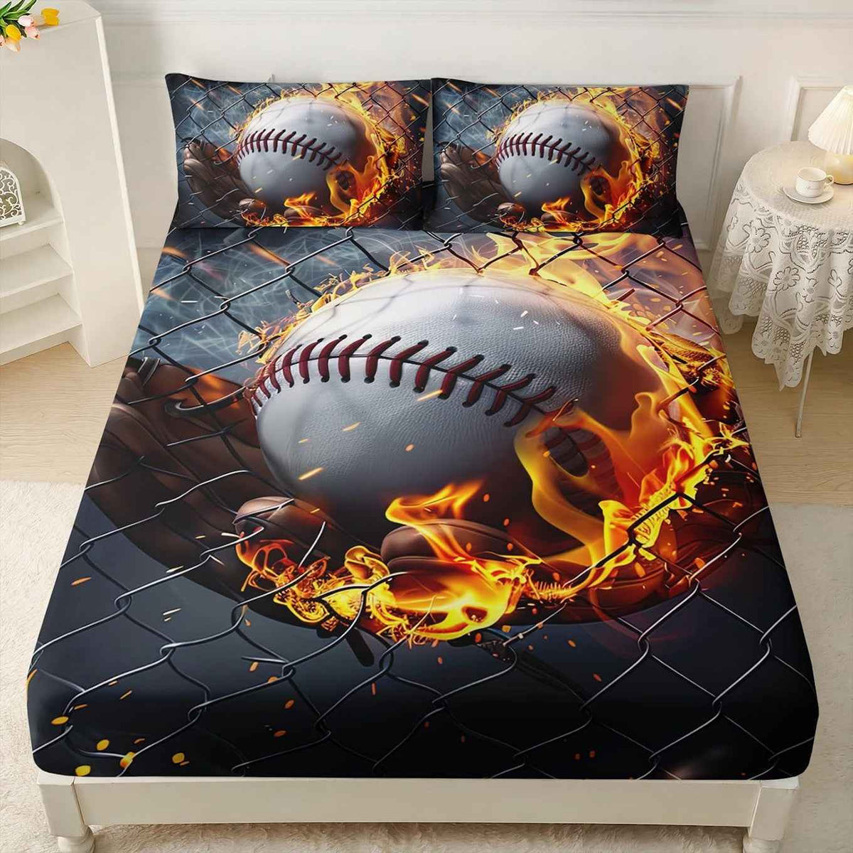 3D Baseball Twin Fitted Bedsheet Set