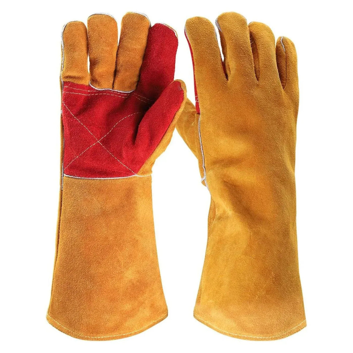 Close-up of 18 inch anti-bite protective pet handling gloves on a wooden surface