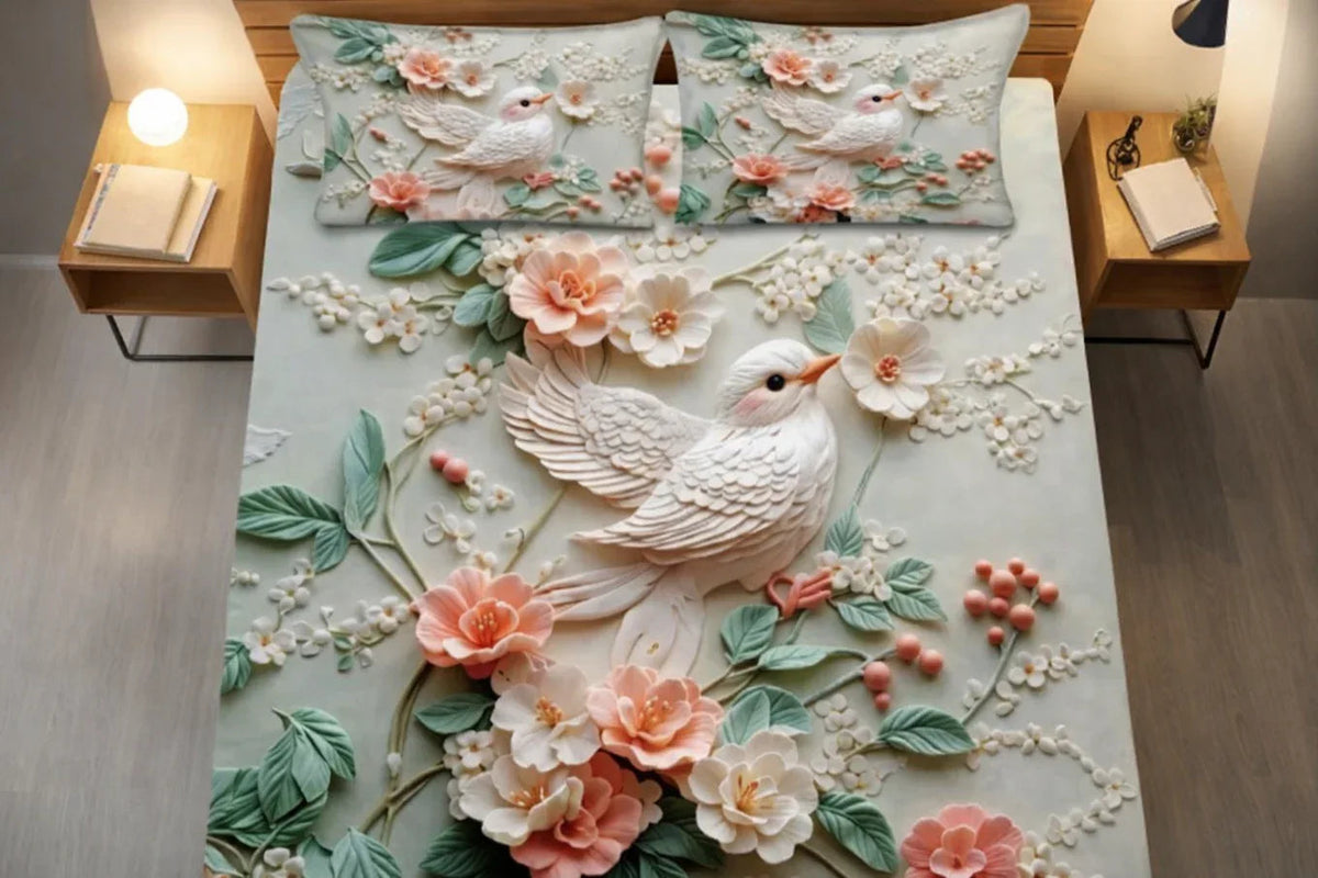 3D Floral Bird Bliss Bedsheet