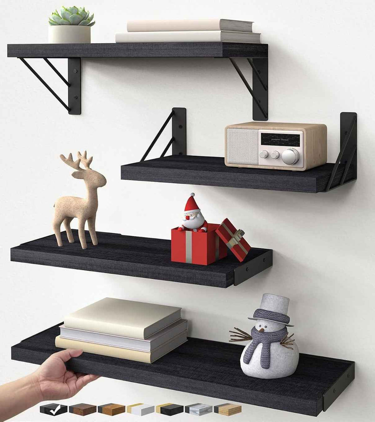 Black Wood Floating Wall Shelves Set of 4