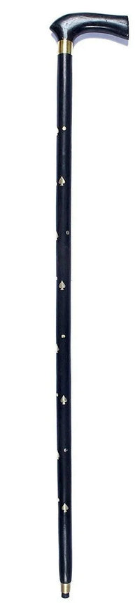 Hand carved wooden walking stick with ergonomic handle and anti-skid rubber tip shown against white background