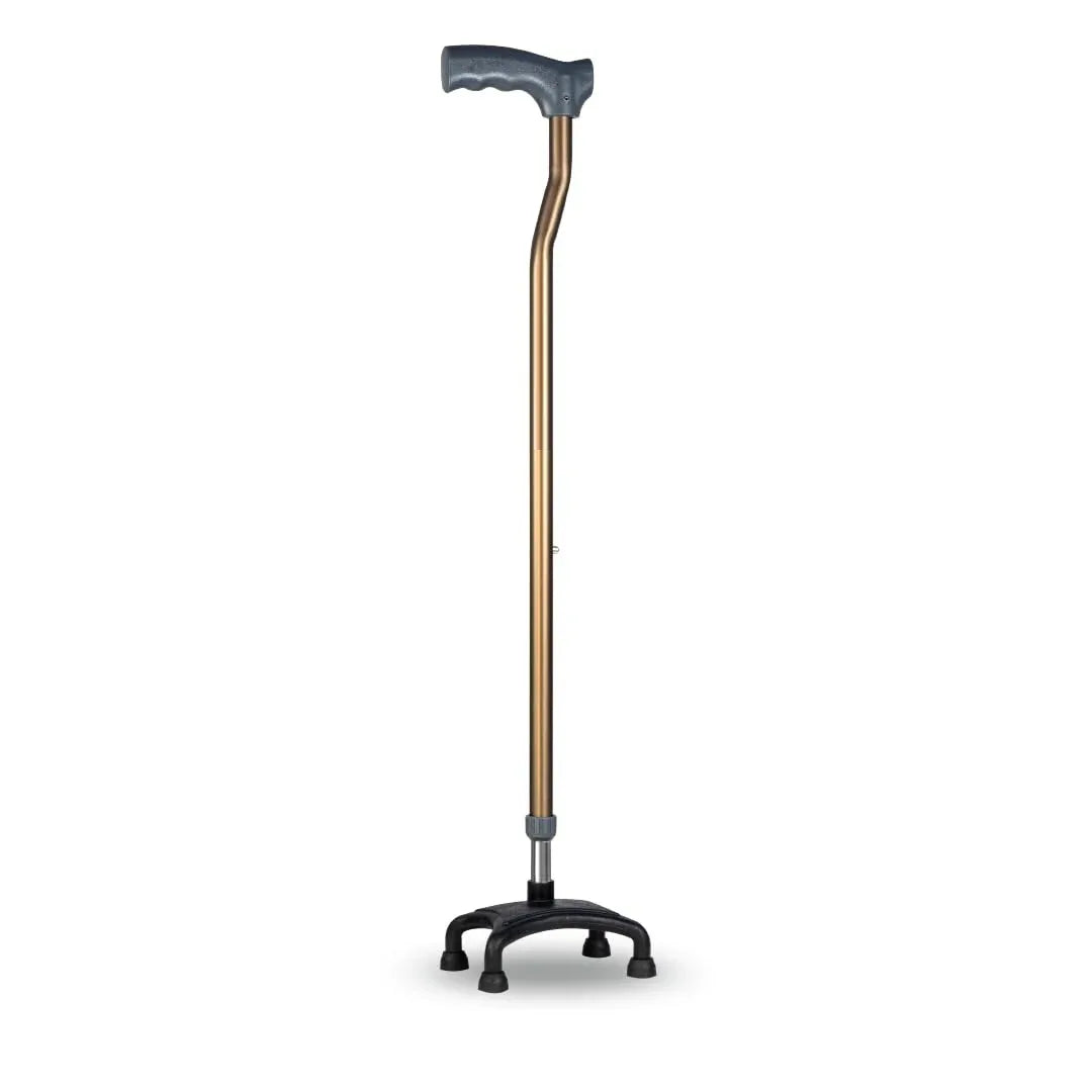 Gold L shape quadripod walking stick with ergonomic handle and four-point base for stability