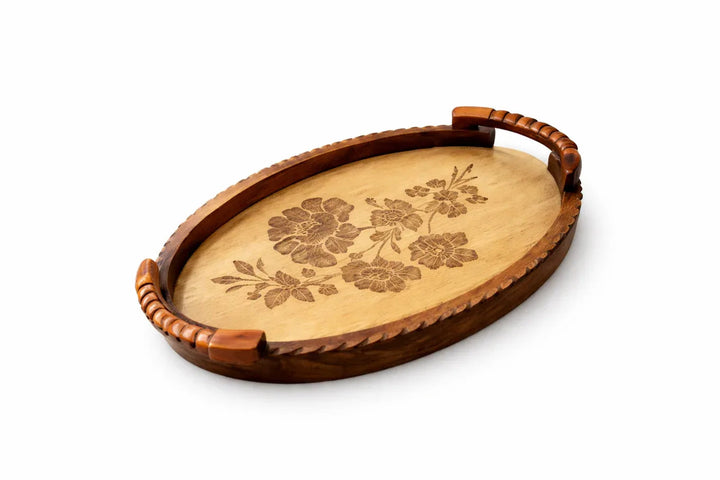 Handcrafted Oval Wooden Floral Serving Tray