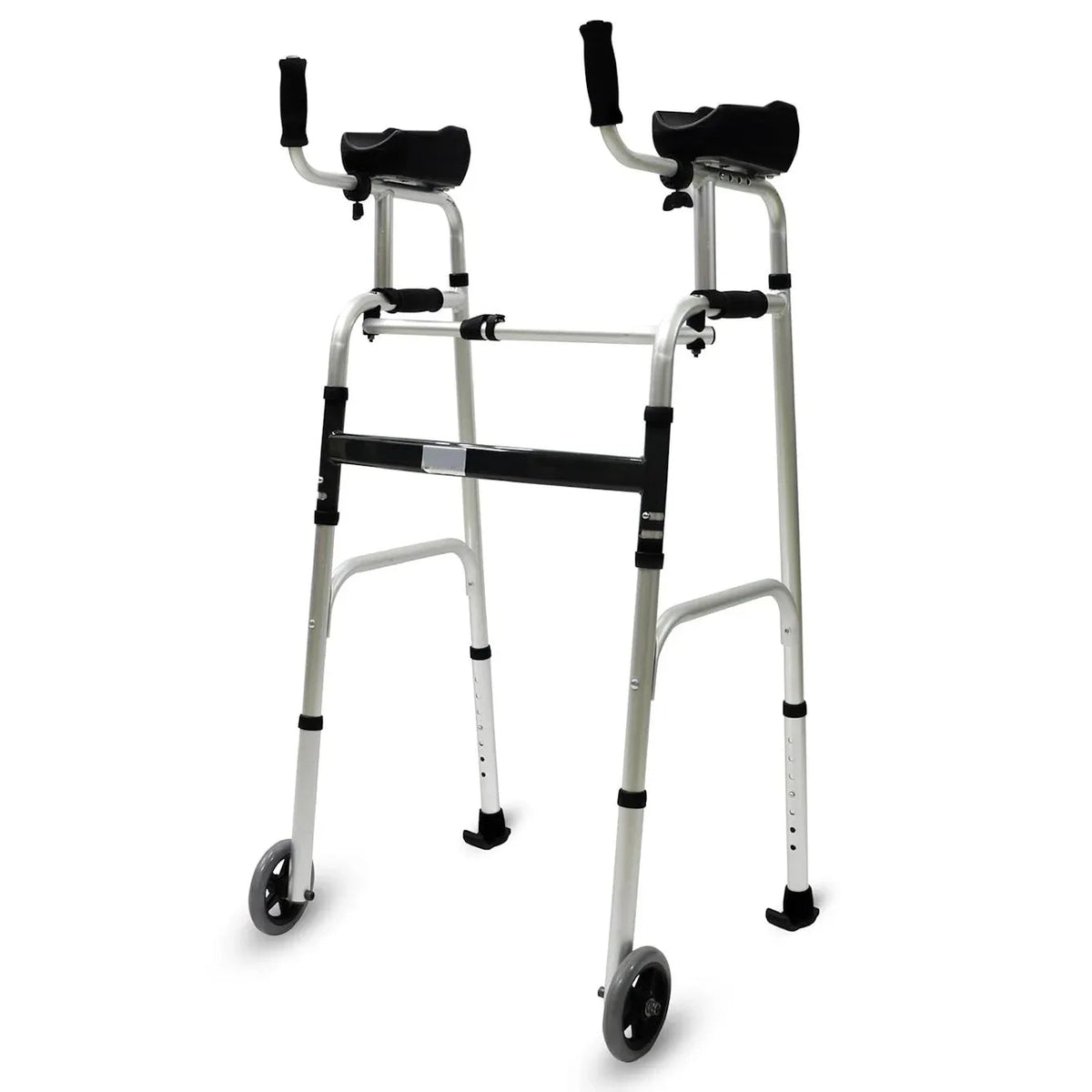 Upright walker with adjustable forearm supports and ergonomic hand grips designed for stability and mobility.