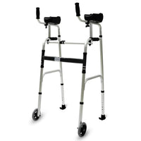 Upright walker with adjustable forearm supports and ergonomic hand grips designed for stability and mobility.