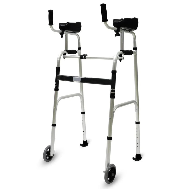 Upright walker with adjustable forearm supports and ergonomic hand grips designed for stability and mobility.