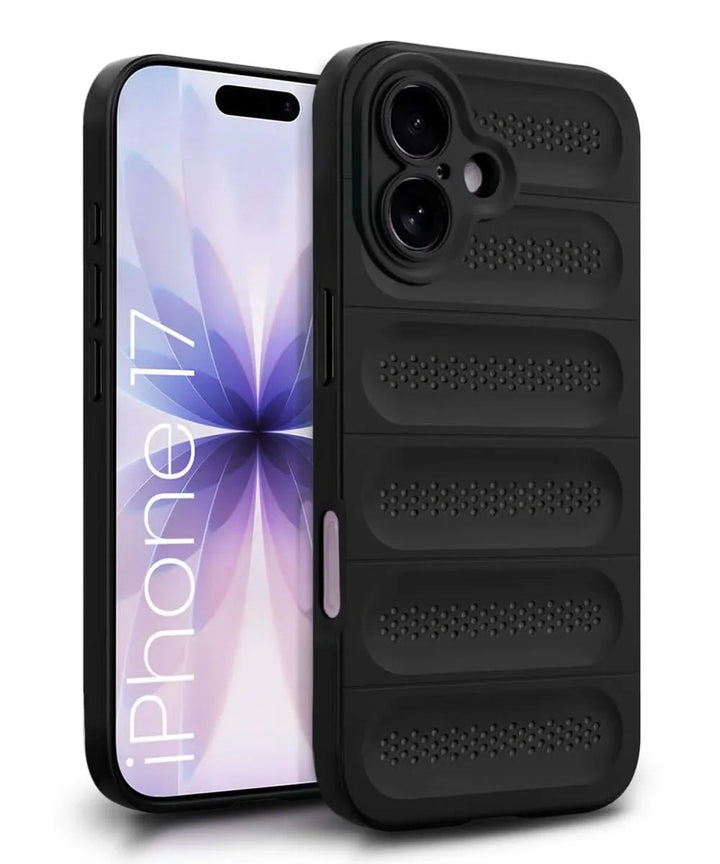 Silicone cooling back case for iPhone 17, translucent pink shade on a white background