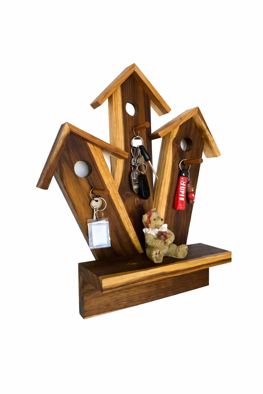 Rustic Wood Birdhouse Key Holder with Shelf