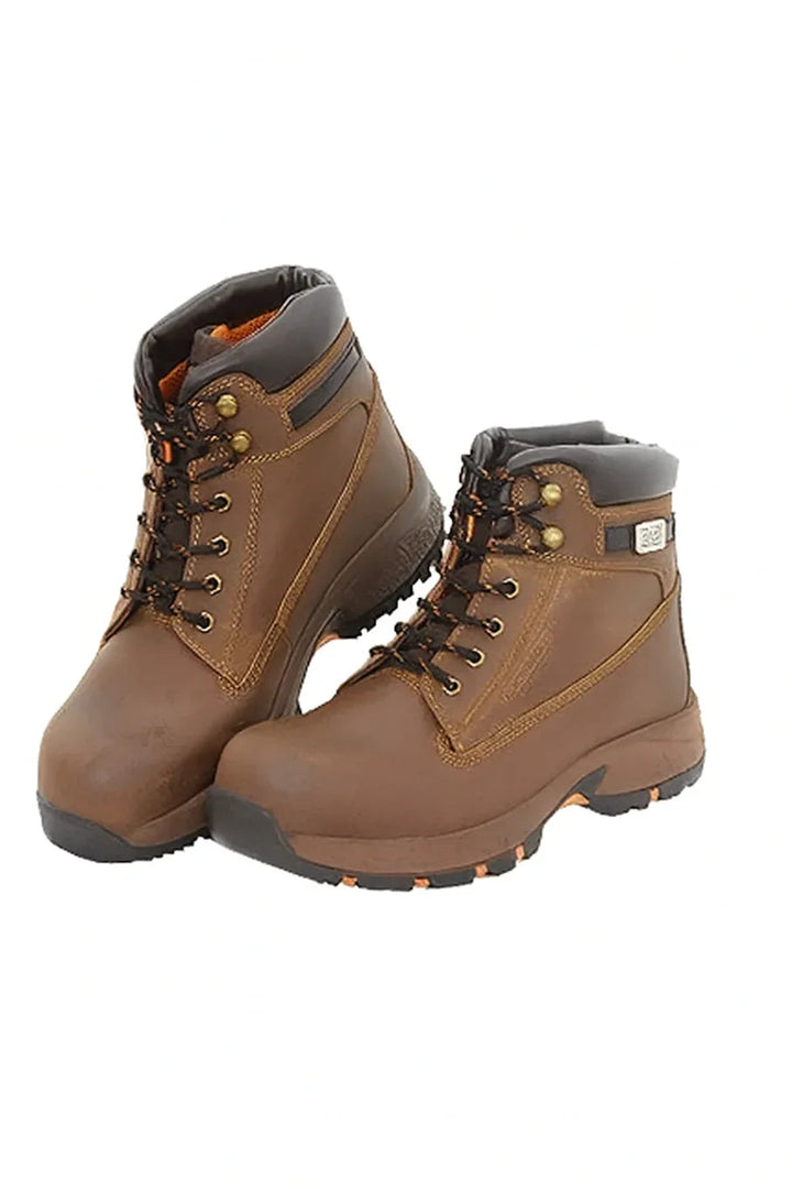 Brown leather lace-up safety work boots with durable soles designed for fire protection and industrial use
