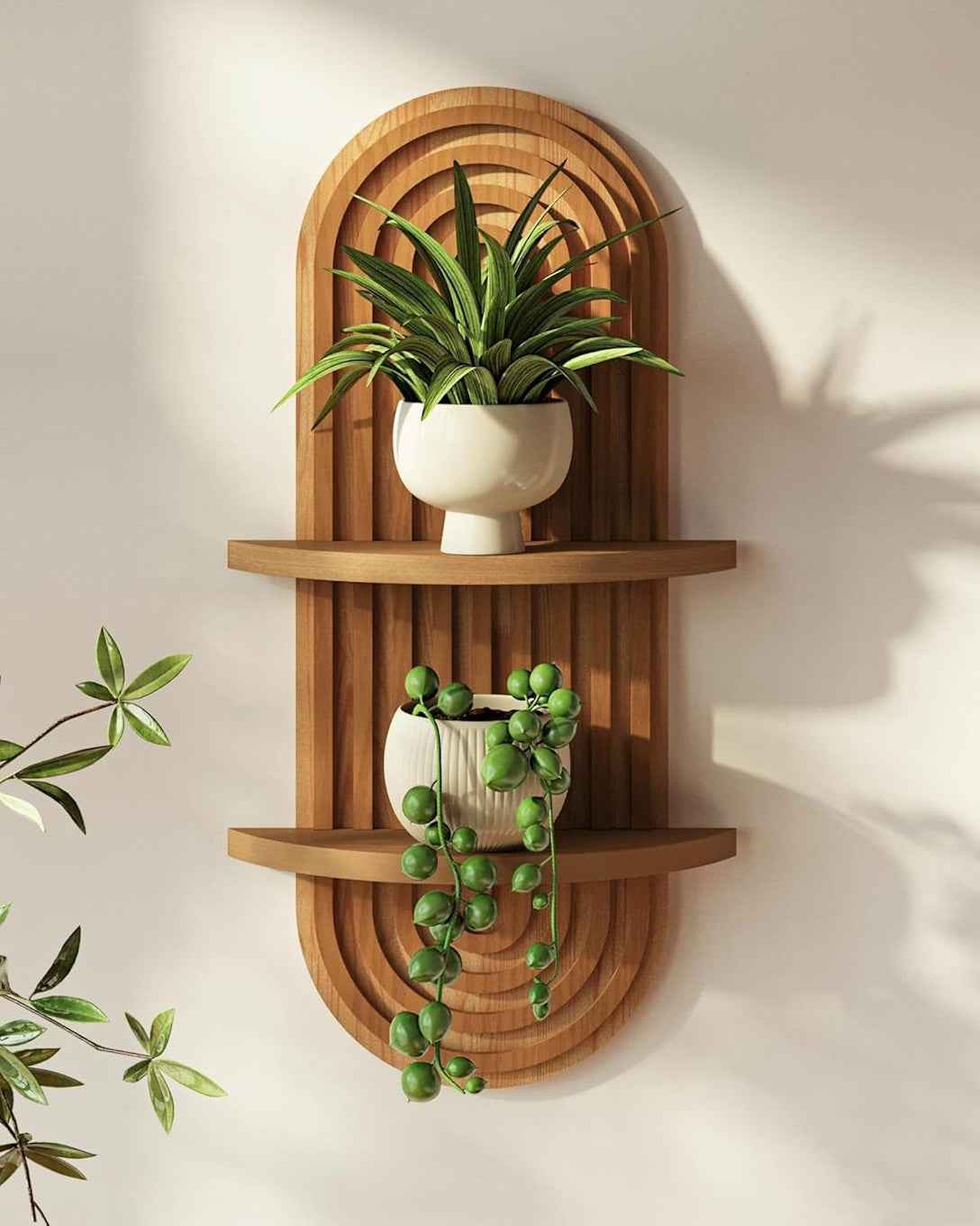 Boho Wooden Plant Wall Shelf 2 Tier