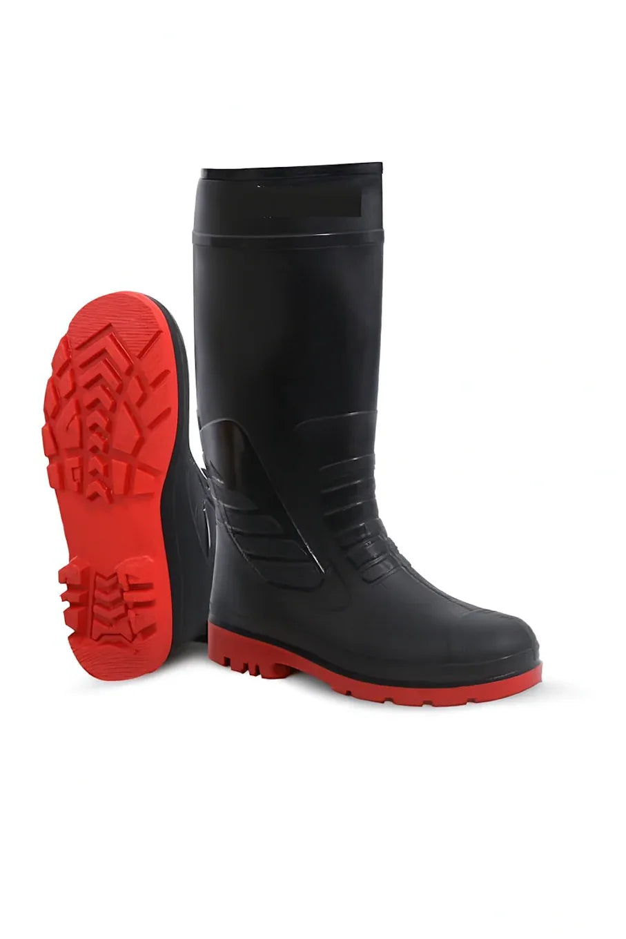 Black safety boot with red and black laces, designed for fire protection and industrial safety, on a white background