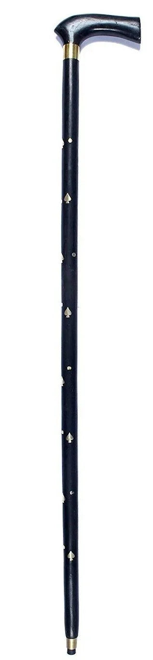 Hand carved wooden walking stick with ergonomic handle and anti-skid rubber tip shown against white background