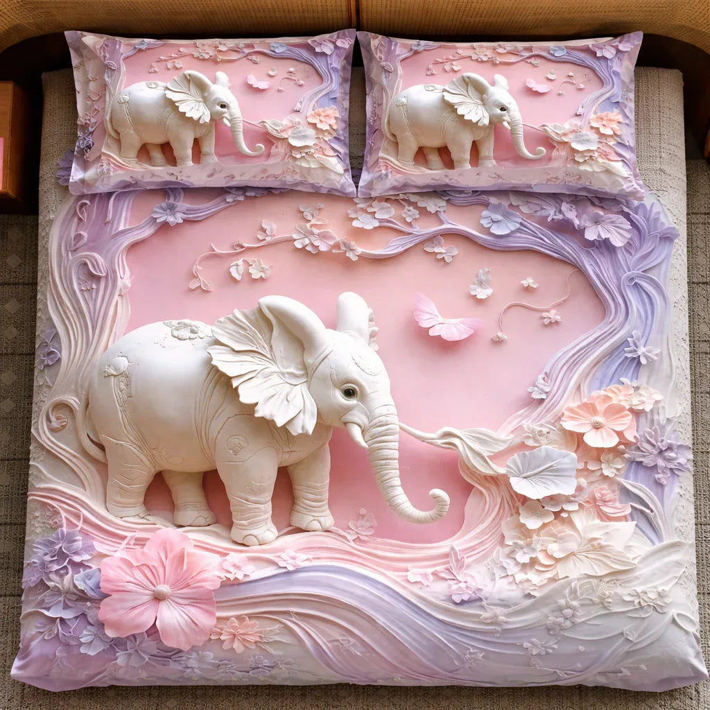 Soft pink bedset with 3D embossed floral and elephant design, adding elegance to a bedroom.