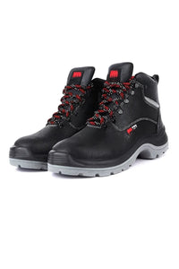 Black safety boots with thick red rubber soles designed for fire protection and industrial use.