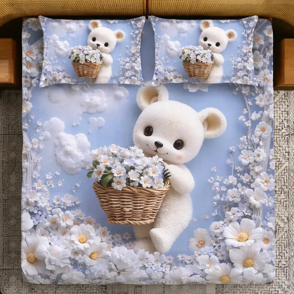 Soft bedsheet featuring a cute teddy and flower basket print with vibrant colors, perfect for bedroom décor.