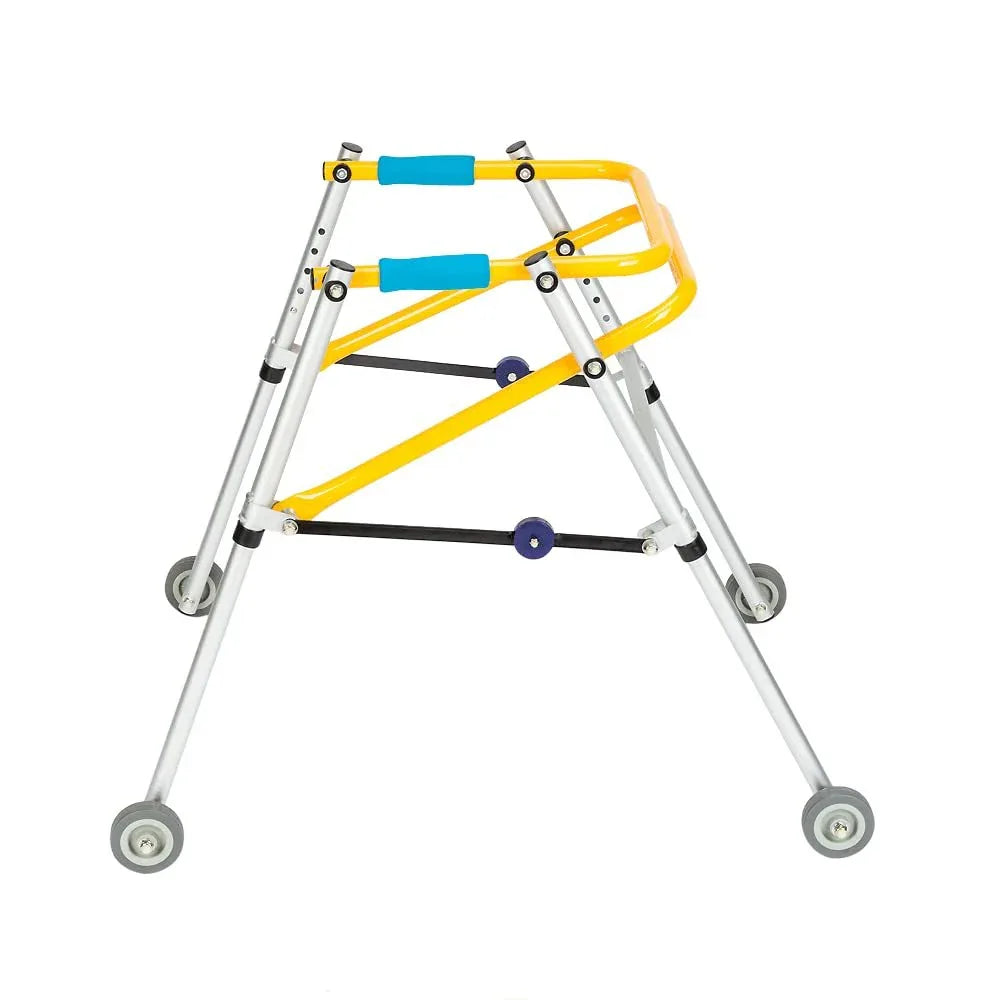 Adjustable CP Child Reverse Aluminum Walker with ergonomic grips and non-slip rubber tips for enhanced stability.